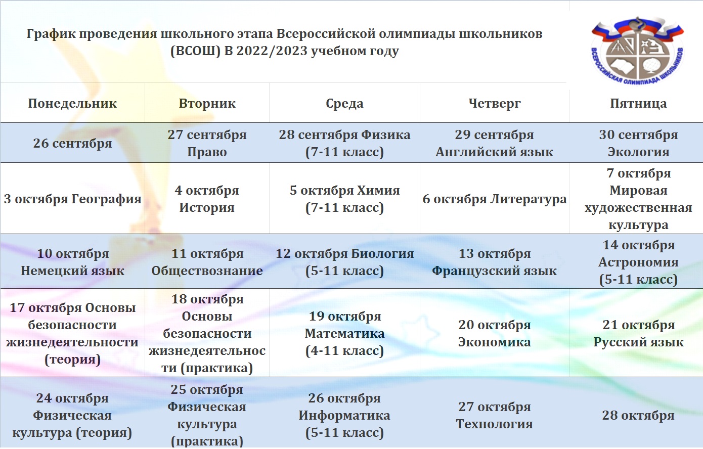 График проведения школьного этапа ВСОШ 2022/2023.